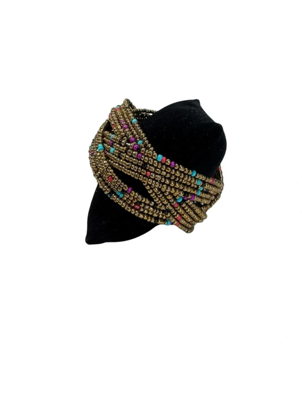 Multi-Strand Gold Beaded Turquoise & Fuchsia Accents Cuff Bracelet 1.5" Wide - Picture 5 of 5